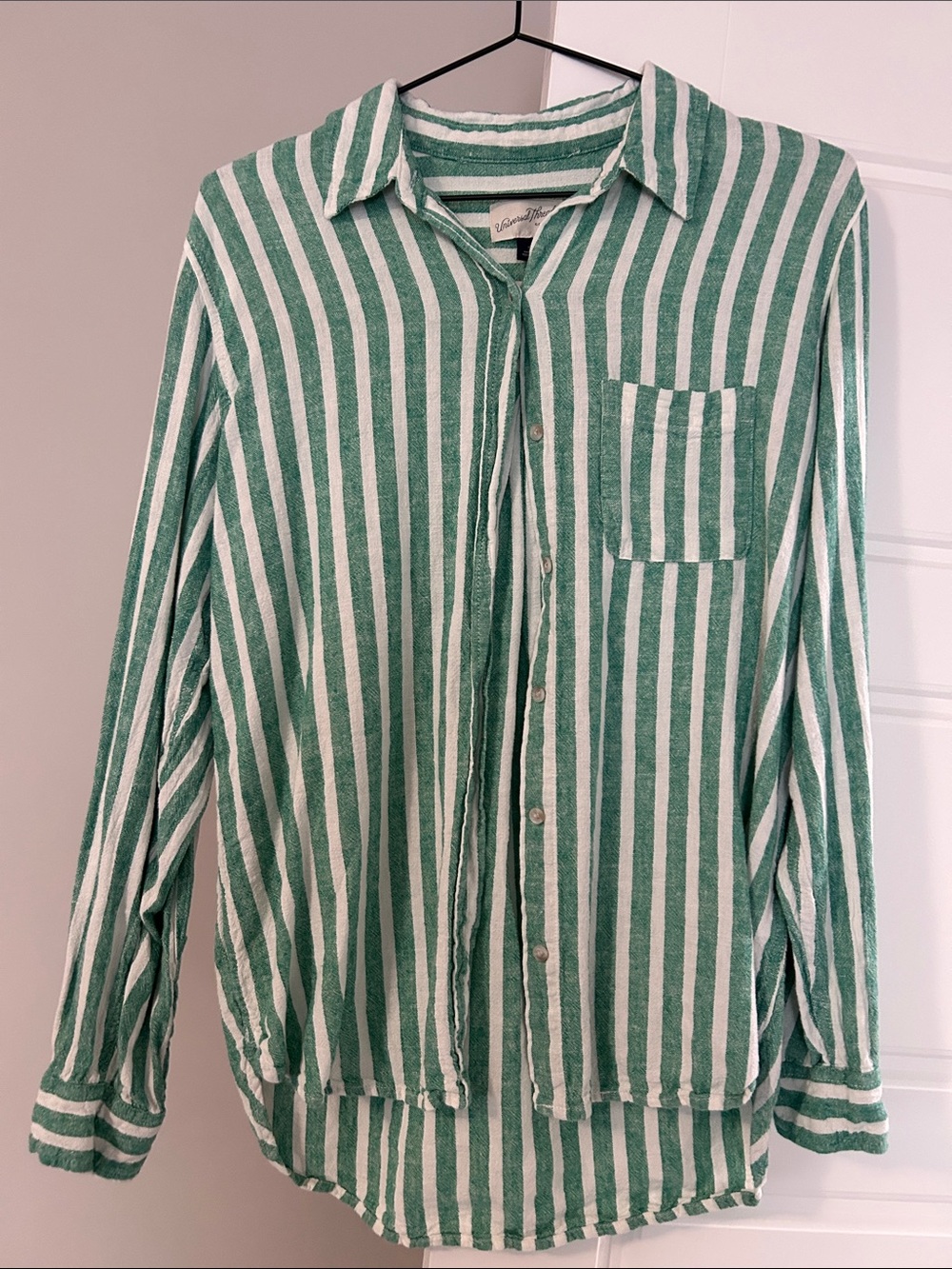 Universal Thread Green and White Striped Relaxed Button-Up
